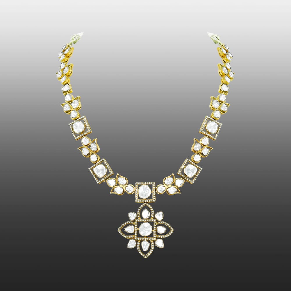 Polki Necklace with Floral Motifs and Lotus-Inspired Pendant